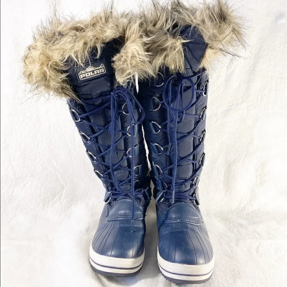 Polar Navy Nylon Tall Fur Lace Waterproof Snow Rainy Boots Sz 8
